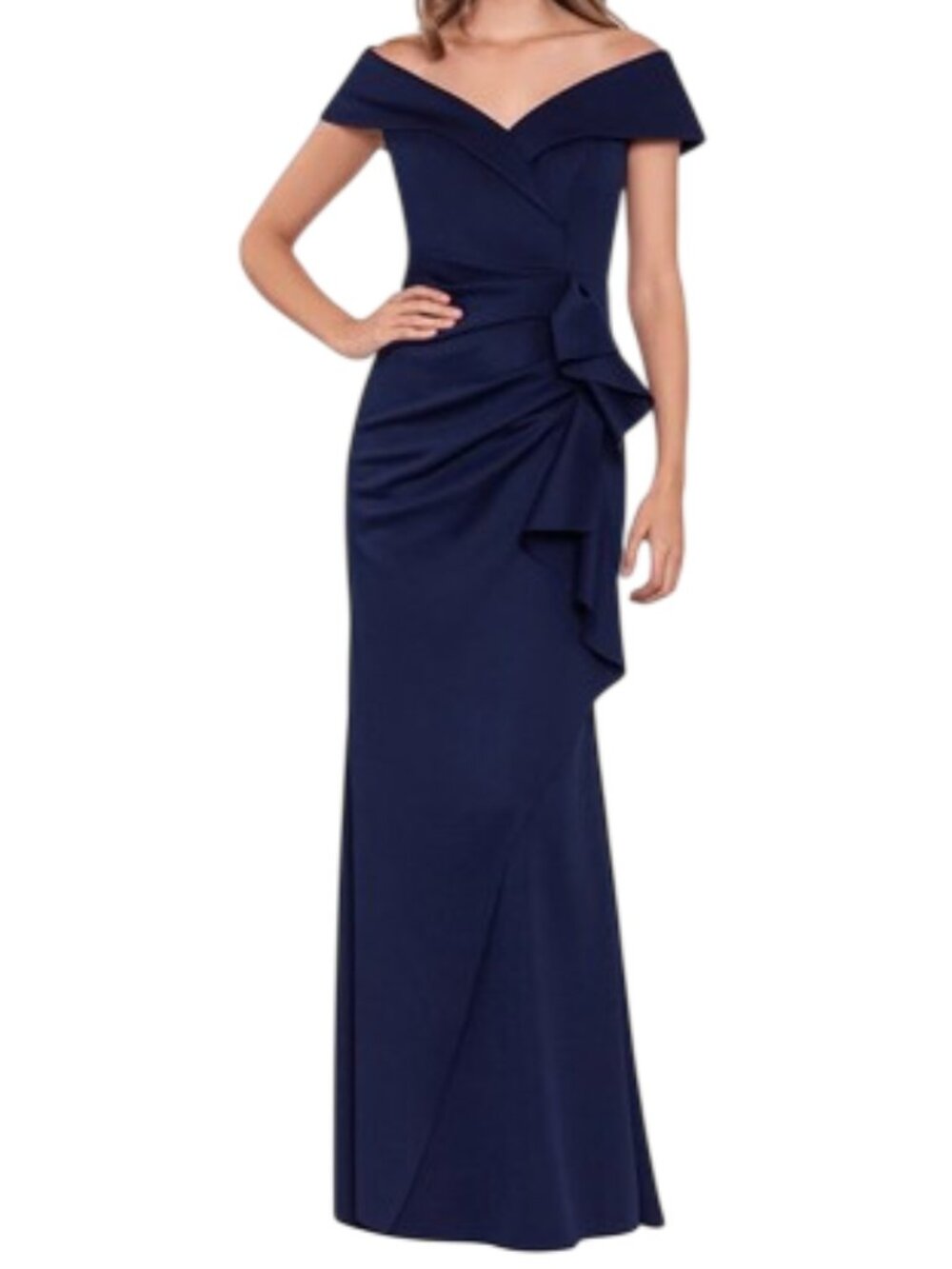 XSCAPE Gown/Dress, 8, Navy Blue,  Ruffle, V-neck, Gathered, Cap Sleeve, Zipper - Picture 13 of 13